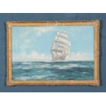 A gilt framed oil on canvas depicting sailing ship at sea, signed W. Spooner to lower left.