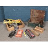 Two boxes of mostly hand tools including a wooden ammo box.