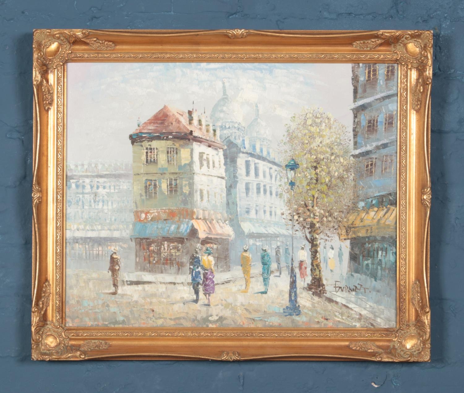 Caroline Burnett gilt framed oil on canvas depicting Parisian street scene. Approx. dimensions