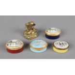 Four trinket boxes including two Halcyon Days examples along with miniature brass figure.