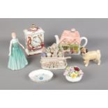 A collection of various ceramics to include a Mason's mantel clock, Sylvac pug and other Royal