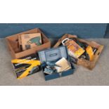 Two boxes of power tools including belt sander, rotary tools and electric planer.