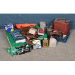 Two boxes of mostly car related tools and equipment including spark plugs and jump leads.