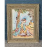 A framed 20th century Eastern painting on porcelain depicting man under tree, signature