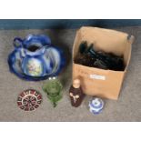 A box of miscellaneous, mostly ceramics and glassware, including Goebel Monk Decanter, Royal Crown