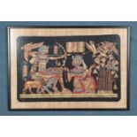 A framed tapestry on papyrus, depicting an Egyptian scene with archer shooting at wildfowl.