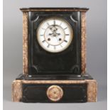 A black slate and marble mantel clock, with O. Berger movement on white enamel dial and Roman