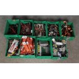 Nine boxes of assorted tools, new and used. Includes drill bits, sockets, spanners, screwdrivers