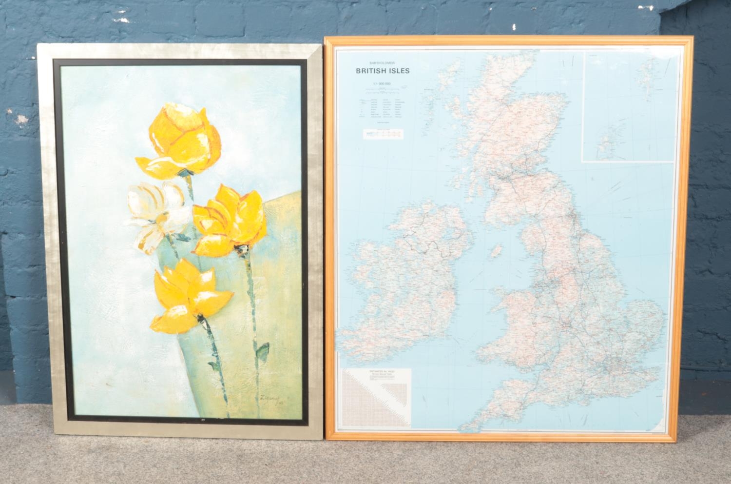 A framed Bartholomew British Isles map along with Ziganot oil on canvas depicting flowers. Map