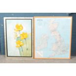 A framed Bartholomew British Isles map along with Ziganot oil on canvas depicting flowers. Map