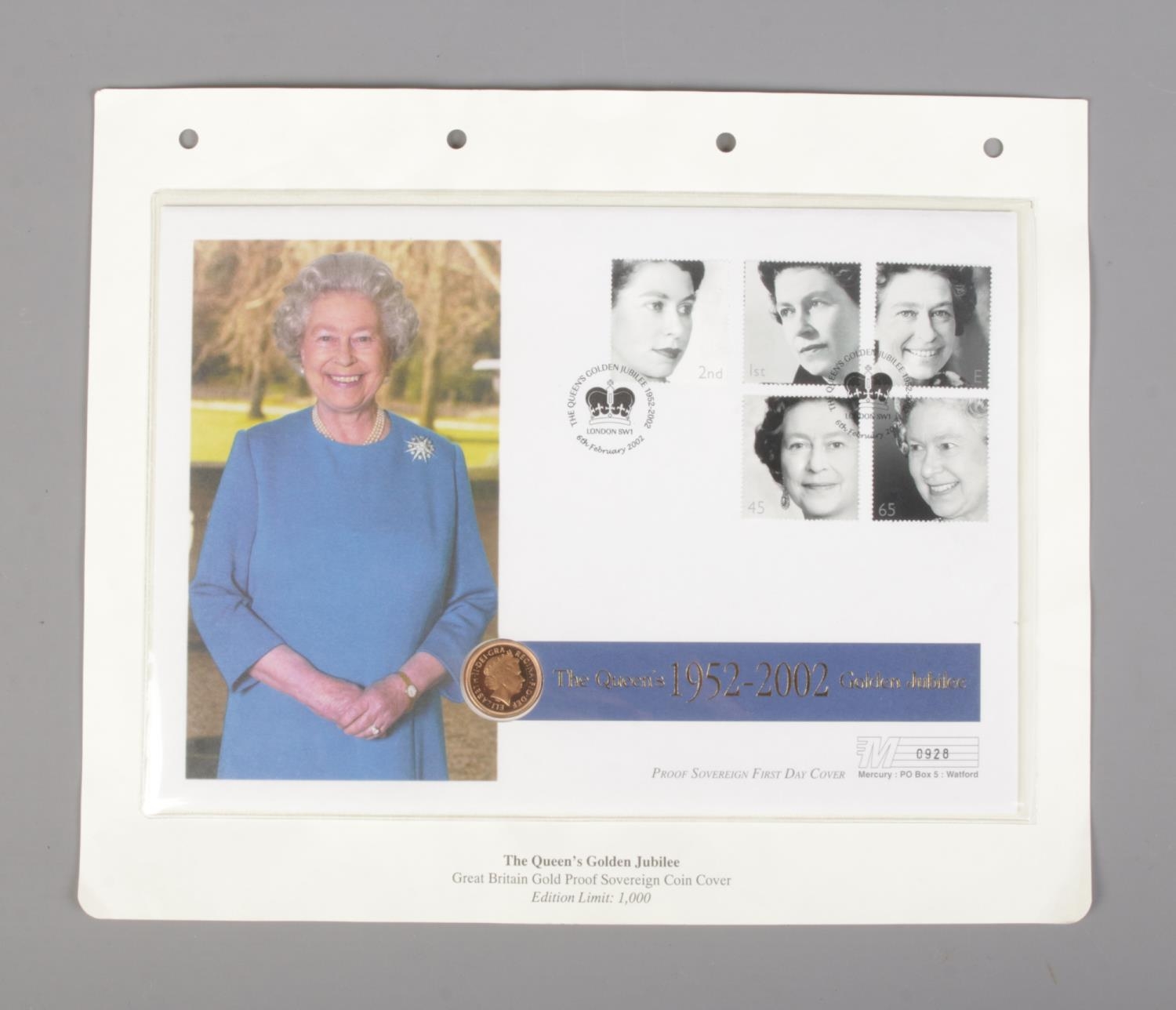 A limited edition The Queens 1952-2002 Golden Jubilee proof 22ct gold sovereign first day cover coin