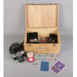 A box of collectables including art glass animals, Practica MTL3, quantity of mostly British pre-
