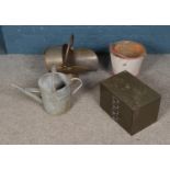 A collection of metalwares including coal scuttle, small filling cabinet, watering can, etc.