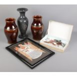 A quantity of assorted items. Includes marble vase, brown glazed vases, quartz wristwatches and a