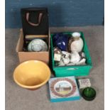 Two boxes of miscellaneous to include quartz wall clock, pancheon, Babycham glasses, vases, etc.