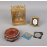A small quantity of collectables including painted miniature on porcelain, quartz carriage clock,