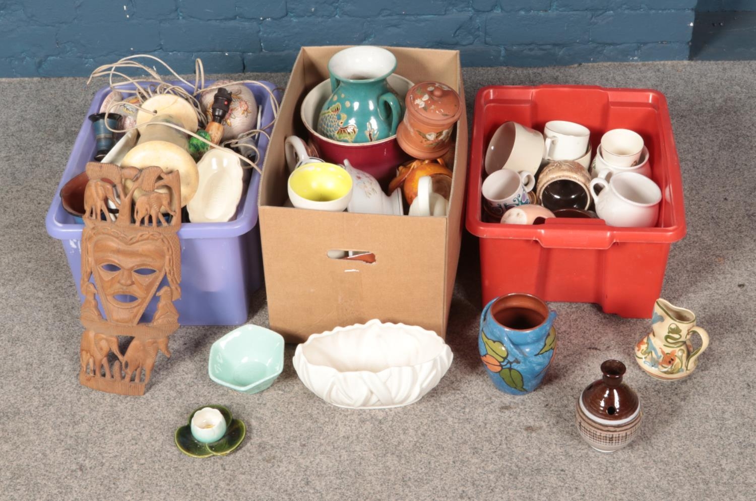 Three boxes of miscellaneous ceramics including lamps, studio pottery, vases, etc.