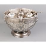 Pinder Bros Ltd silver plate punch bowl, cups and ladle engraved "To mum & dad on your silver