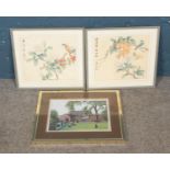 A pair of oriental watercolours depicting birds along with Tom Dodson print showcasing a bowls game.