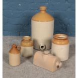 A collection of stoneware flagons, jars and bed warmer.