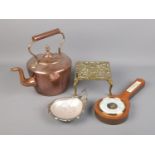 A quantity of collectables including copper kettle, brass stand with motto, barometer and silver