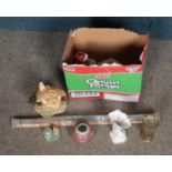 A box of miscellaneous to include Pendelfin, Santa Claus candle holder, two piece snooker cue, etc.