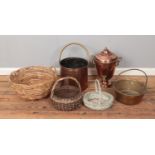 Copper and brass samovar with brass jam pan, copper and brass coal bucket and assorted wicker