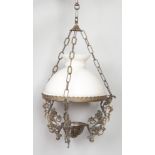 A hanging opaque glass ceiling light with metal floral mounts.
