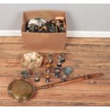 A box of assorted metalwares to include brass, silver plate, copper bed pan, etc.