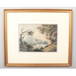 William Payne (1760-1830), a gilt framed watercolour, landscape scene with a figure on horseback and