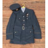 An RAF officers dress uniform with cap, jacket, shirt and trousers.