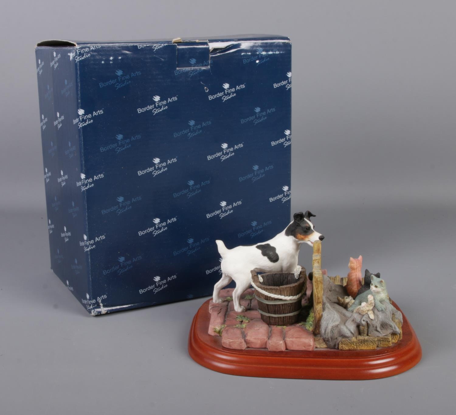Border Fine Arts, Jack Russel Terrier and kittens in box. Signed Ray Ayres to the base.