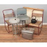 A mixed metal industrial style lot including two metal chairs and a folding industrial style