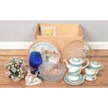 A box of assorted items, to include Chinese part tea set, glass and Goebel display plates, ceramic