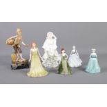 A collection of four Coalport figurines, one Royal Doulton and one other.