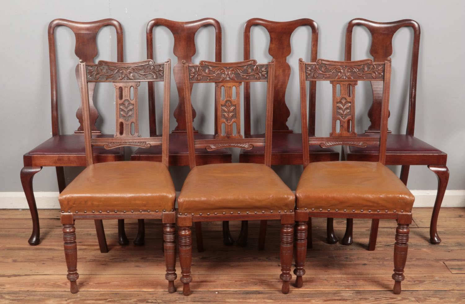 A mahogany wind out dining table, with additional leaf and winder, accompanied by seven chairs; sets - Image 2 of 2