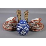 A collection of oriental items. Includes prunus blossom ginger jar, soapstone figures and Kutani
