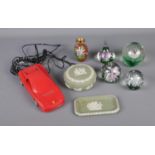 A small quantity of collectables including glass paperweights, novelty car telephone, Wedgewood,