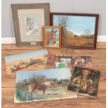 A quantity of framed paintings. Includes James Collins Scottish wildcat watercolour, etc.