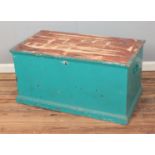 A blue painted blanket box. Approx. dimensions 94cm x 52cm x 48cm.