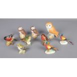 Nine Beswick bird figures including Owl, Robin, Greenfinch and Goldcrest.