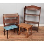 A quantity of assorted furniture to include hostess trolley, open bookcase, tile top table, etc.