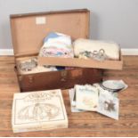 A trunk containing a large quantity of lace and linen along with boxed Dryad lace making kit,