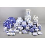 A box of blue and white ceramics including large Chinese style vase and ginger jar as well as a