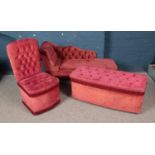 Three pieces of upholstered furniture. Includes chaise lounge, ottoman and chair.