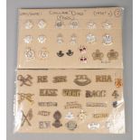 Two cards of WWI and later 'silver rank' title badges and brooches.