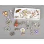A collection of costume jewellery brooches and pendants to include floral, music and glass examples.