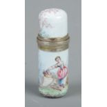 A painted enamel scent bottle depicting a young maiden landscape scene. (5cm) Glass stopper is