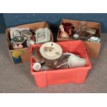 Three boxes of assorted ceramics and glassware including glass decanters, A Royal Occasion gift set,