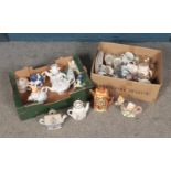 Two boxes of mixed ceramics and glassware to include novelty teapots by Sadlers, Spathers, Price and